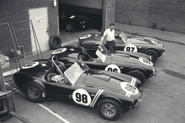 Shelby Roadsters Display, Venice, CA, 1963. Carroll Shelby with the 3 Cobra roadsters that would win the 1963 USRRC Manufacturer's Championship