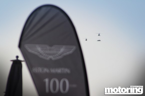 Aston Martin celebrates 100th Anniversary by air lifting a Vanquish to the helipad at the Burj Al Arab hotel in Dubai