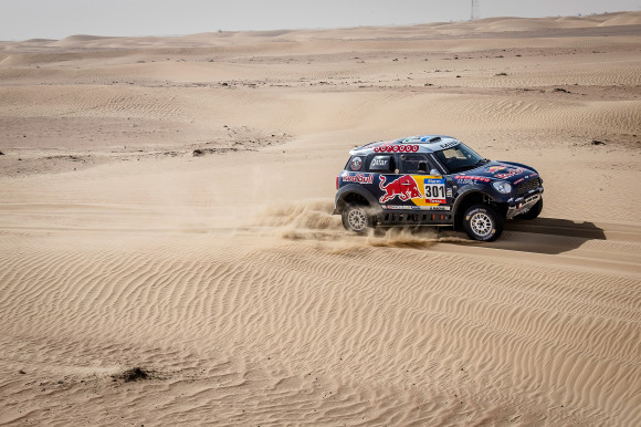 Driving X-Raid Mini All4 Racing rally car in the Dubai desert